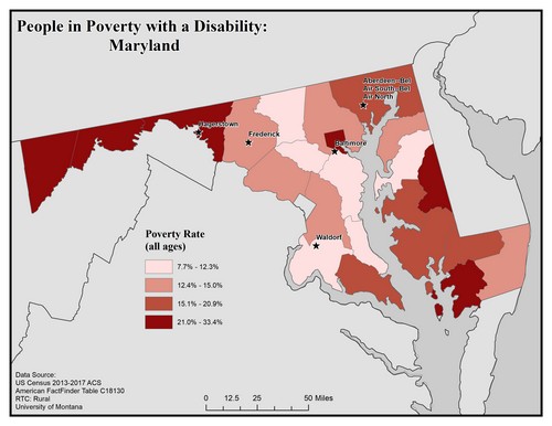 Map of MD showing rates of people with disabilities in poverty. Text description on page.