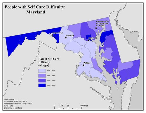 Map of MD showing rates of self-care difficulty. Text description on page.