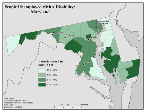 Map of MD showing rates of unemployment for people with disabilities. Text description on page.