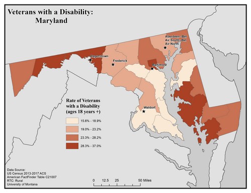 Map of MD showing rates of veterans with disability. Text description on page.