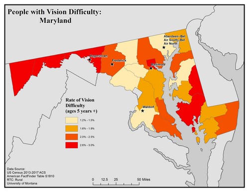 Map of MD showing rates of vision difficulty by county. Text description on page.