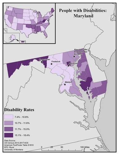map of MD showing disability rate by county. Text description on page. 