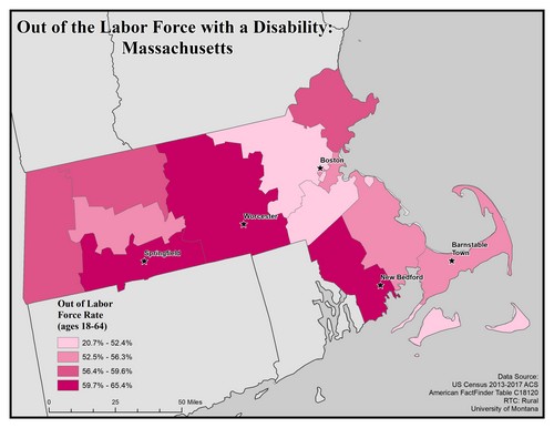 Map of MA showing rates of people with disability out of labor force. Text description on page.