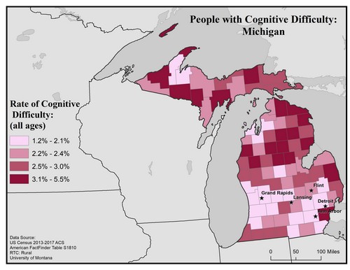 Map of MI showing rates of cognitive difficulty. Text description on page.