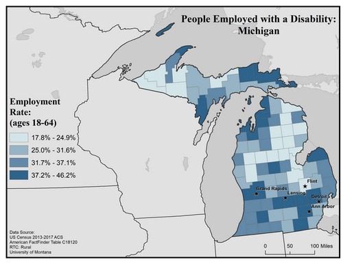 Map of MI showing rates of people with disability employed. Text description on page.