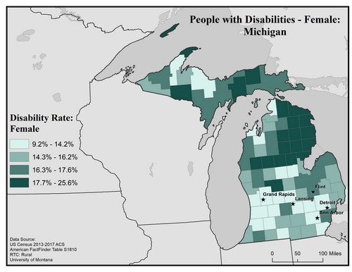 Map of MI showing rates of disability among females. Text description on page. 