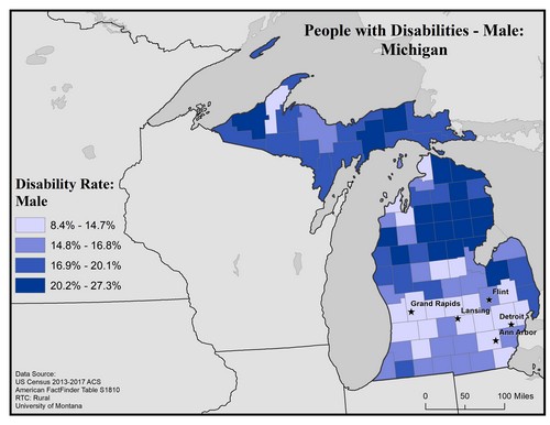 Map of MI showing rates of disability among males. Text description on page. 