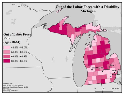 Map of MI showing rates of people with disability out of labor force. Text description on page.