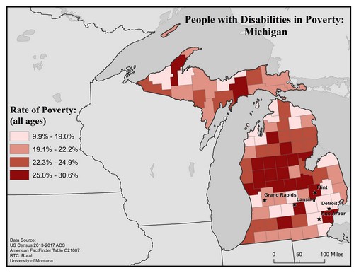 Map of MI showing rates of people with disabilities in poverty. Text description on page.
