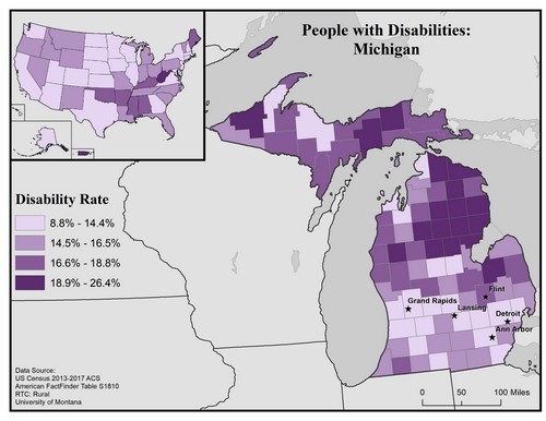 map of MI showing disability rate by county. Text description on page. 