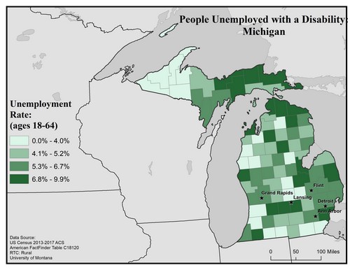 Map of MI showing rates of unemployment for people with disabilities. Text description on page.
