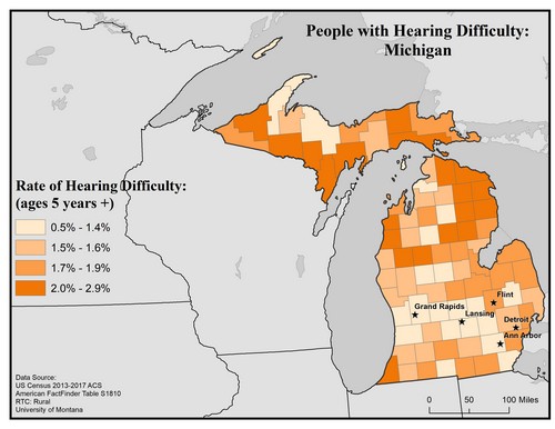 Map of MI showing rates of hearing impairment by county. Text description on page. 