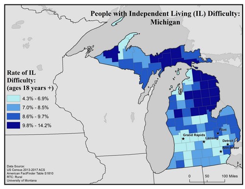Map of MI showing rates of IL difficulty. Text description on page.