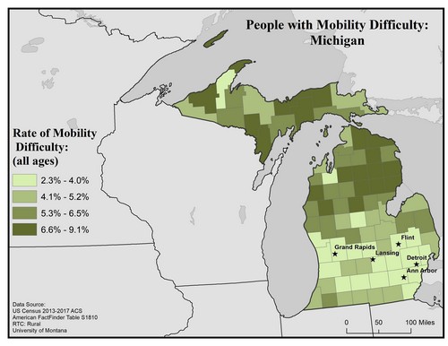 Map of MI showing rates of mobility difficulty. Text description on page.