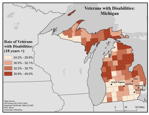 Map of MI showing rates of veterans with disability. Text description on page.