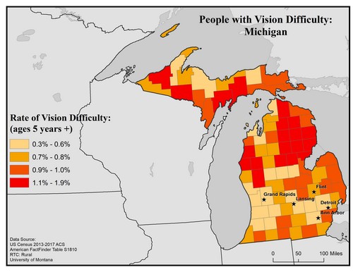 Map of MI showing rates of vision difficulty by county. Text description on page.