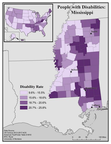 map of MS showing disability rate by county. Text description on page. 