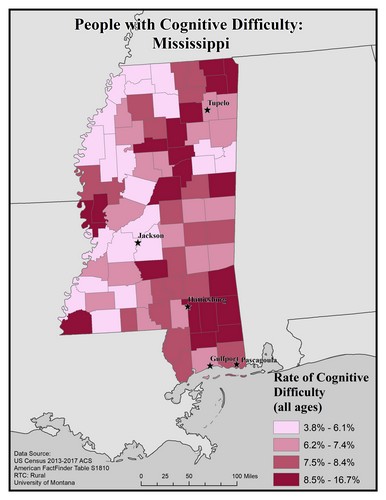 Map of MS showing rates of cognitive difficulty. Text description on page.