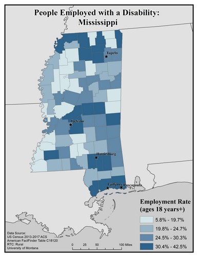 Map of MS showing rates of people with disability employed. Text description on page.