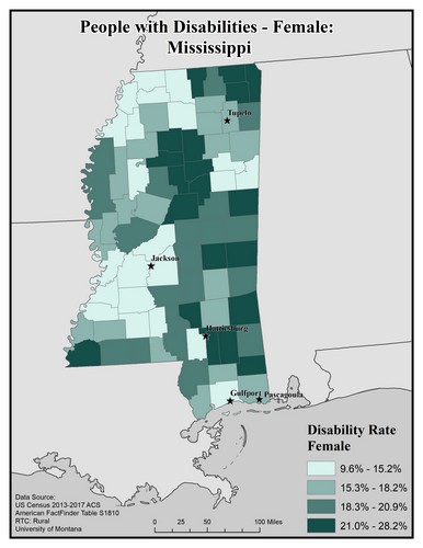 Map of MS showing rates of disability among females. Text description on page. 