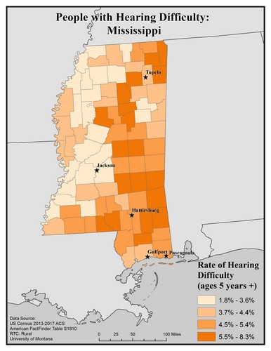 Map of MS showing rates of hearing impairment by county. Text description on page. 