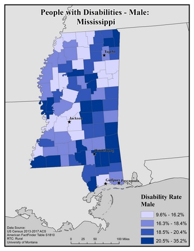 Map of MS showing rates of disability among males. Text description on page. 