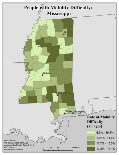 Map of MS showing rates of mobility difficulty. Text description on page.