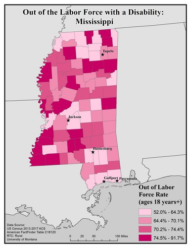 Map of MS showing rates of people with disability out of labor force. Text description on page.
