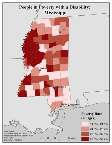 Map of MS showing rates of people with disabilities in poverty. Text description on page.