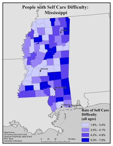 Map of MS showing rates of self-care difficulty. Text description on page.