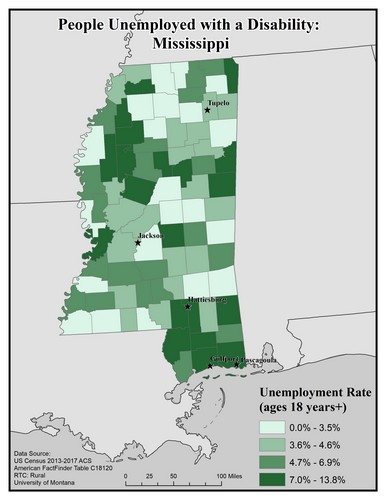 Map of MS showing rates of unemployment for people with disabilities. Text description on page.