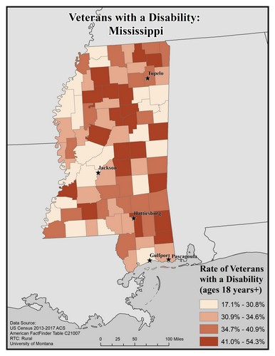 Map of MS showing rates of veterans with disability. Text description on page.