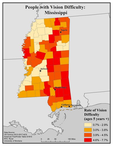 Map of MS showing rates of vision difficulty by county. Text description on page.