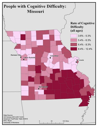 Map of MO showing rates of cognitive difficulty. Text description on page.