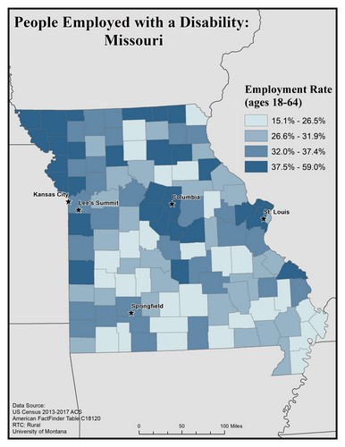 Map of MO showing rates of people with disability employed. Text description on page.