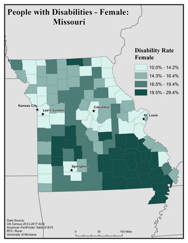 Map of MO showing rates of disability among females. Text description on page. 