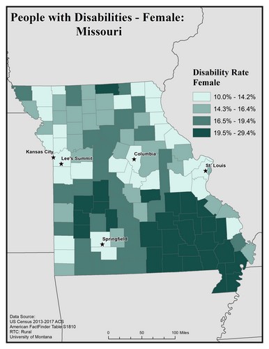 Map of MO showing rates of disability among females. Text description on page. 