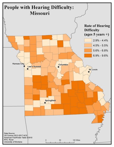 Map of MO showing rates of hearing impairment by county. Text description on page. 