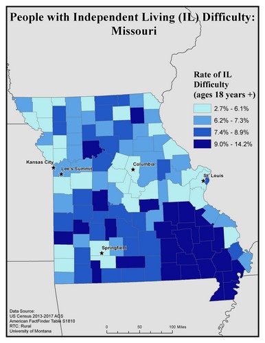 Map of MO showing rates of IL difficulty. Text description on page.