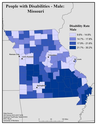 Map of MO showing rates of disability among males. Text description on page. 
