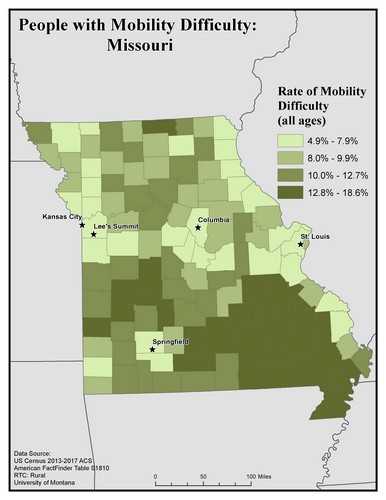 Map of MO showing rates of mobility difficulty. Text description on page.