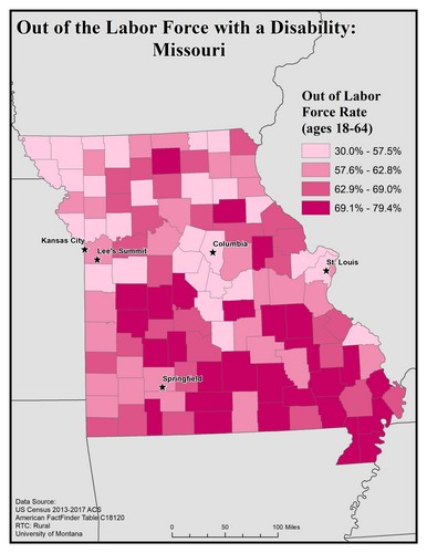 Map of MO showing rates of people with disability out of labor force. Text description on page.