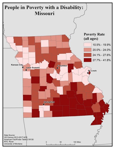 Map of MO showing rates of people with disabilities in poverty. Text description on page.