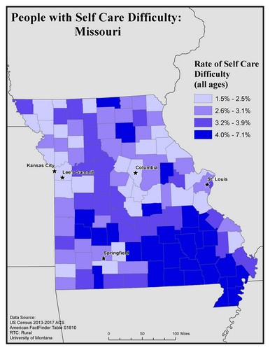 Map of MO showing rates of self-care difficulty. Text description on page.