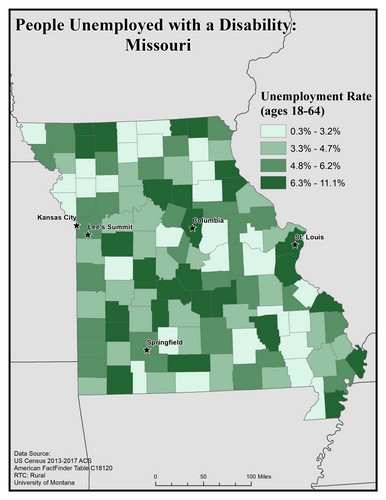 Map of MO showing rates of unemployment for people with disabilities. Text description on page.
