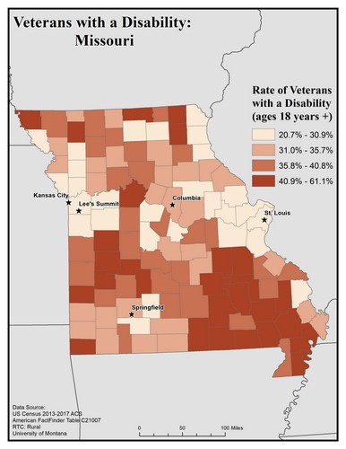Map of MO showing rates of veterans with disability. Text description on page.