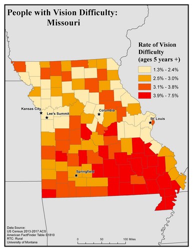 Map of MO showing rates of vision difficulty by county. Text description on page.