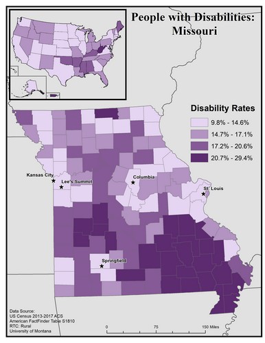 map of MO showing disability rate by county. Text description on page. 