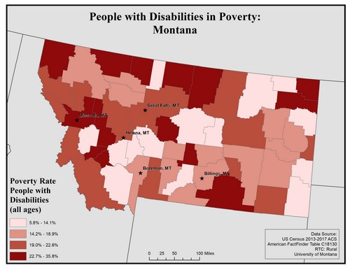 Map of MT showing rates of people with disabilities in poverty. Text description on page.