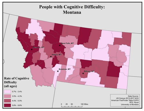 Map of MT showing rates of cognitive difficulty. Text description on page.